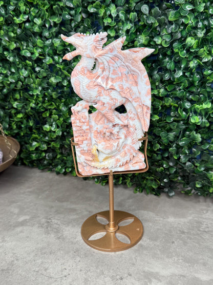 Pink Cotton Candy Agate Druzy Crystal Dragon Carving with Custom Gold Stand - 446g, 153mm