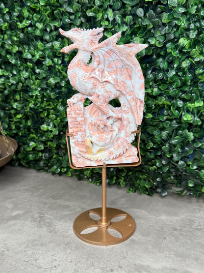 Pink Cotton Candy Agate Druzy Crystal Dragon Carving with Custom Gold Stand - 446g, 153mm