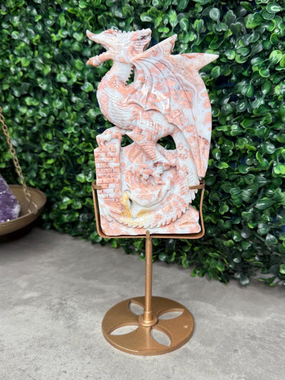 Pink Cotton Candy Agate Druzy Crystal Dragon Carving with Custom Gold Stand - 446g, 153mm