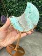 Blue Aragonite Crystal Moon Carvings with Custom Stands