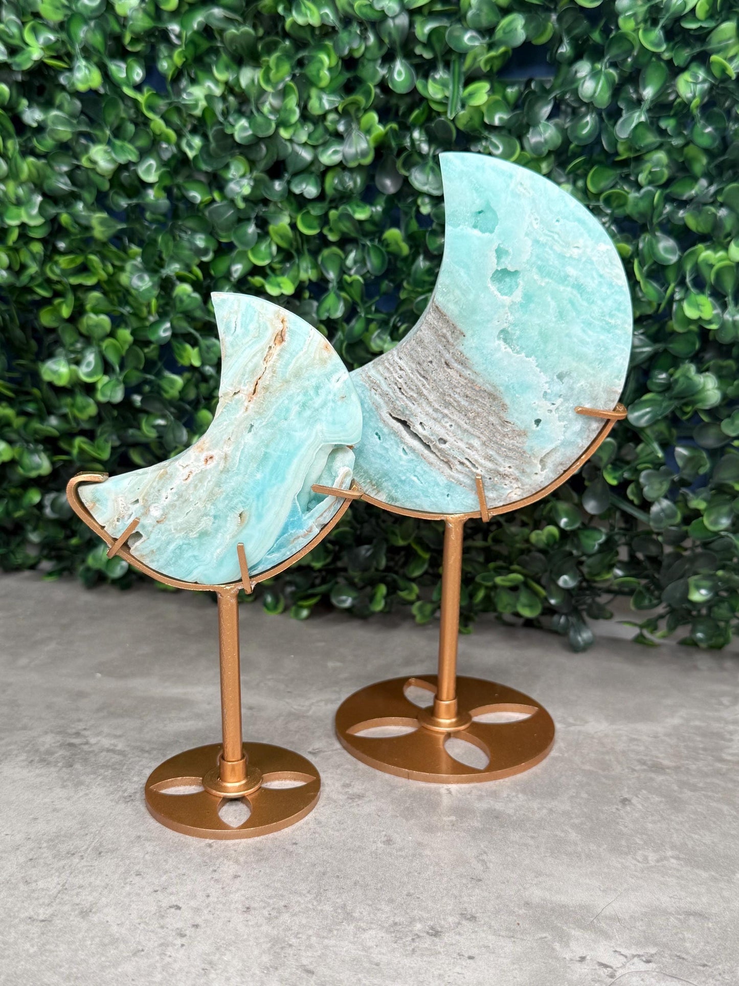 Blue Aragonite Crystal Moon Carvings with Custom Stands