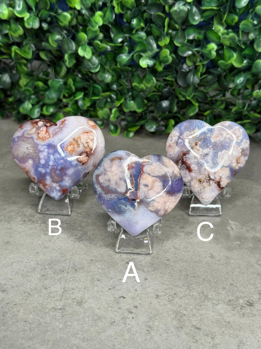 Blue Flower Agate Heart Crystal Carvings