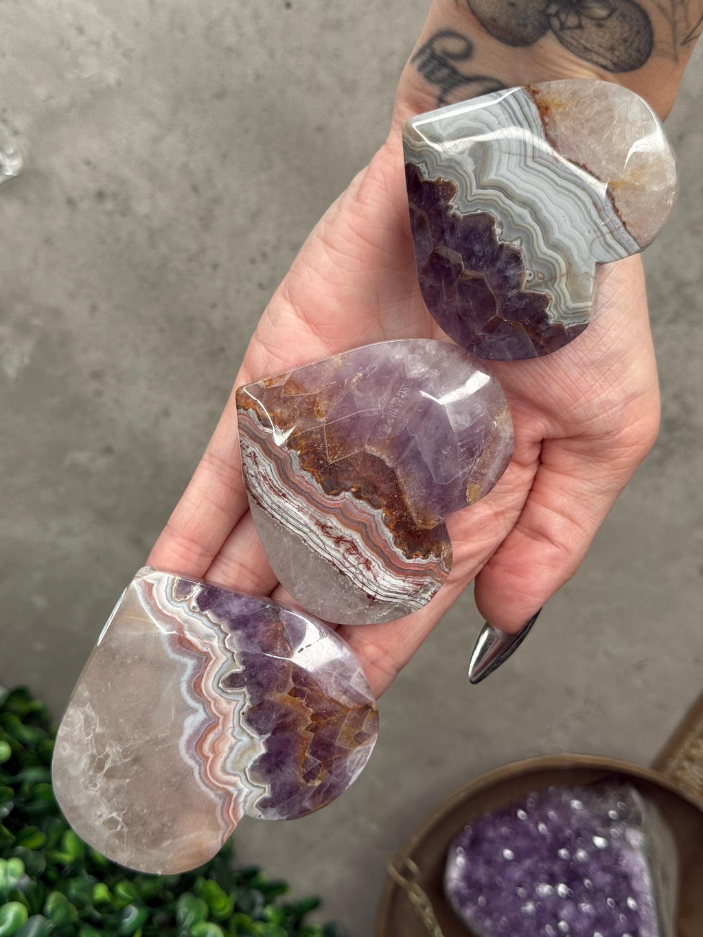 Amethyst Agate Heart Crystal Carvings