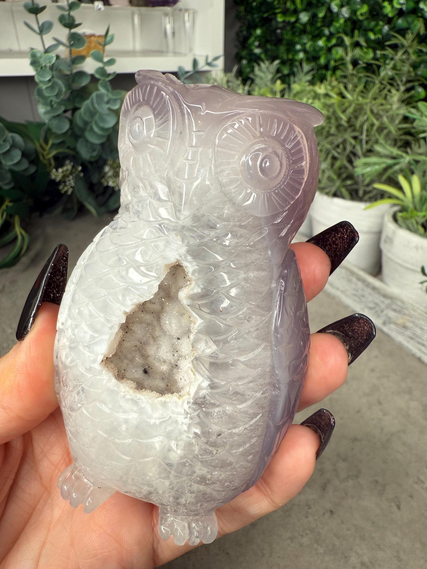 Hand-Carved Druzy Agate Owl Crystal Carving