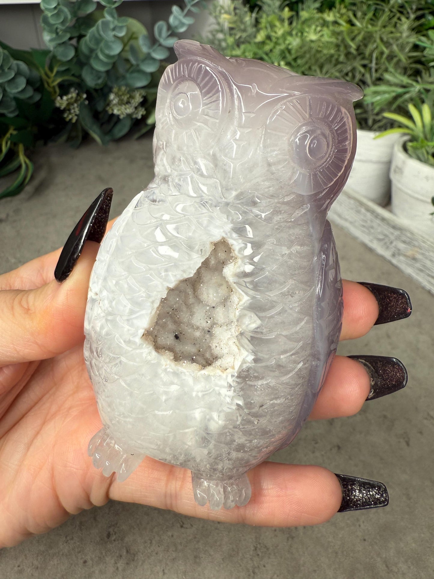 Hand-Carved Druzy Agate Owl Crystal Carving