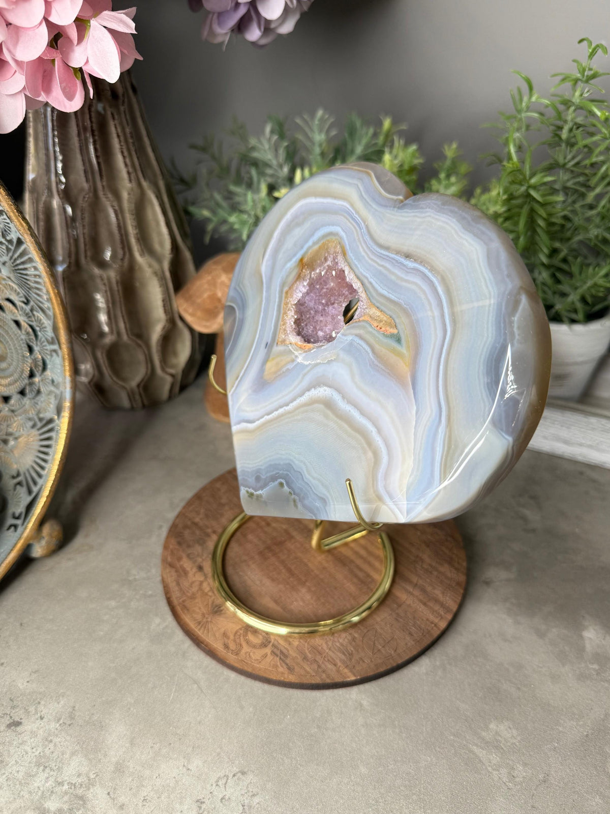 Large Banded Crystal Agate Heart with Druzy Amethyst Pocket