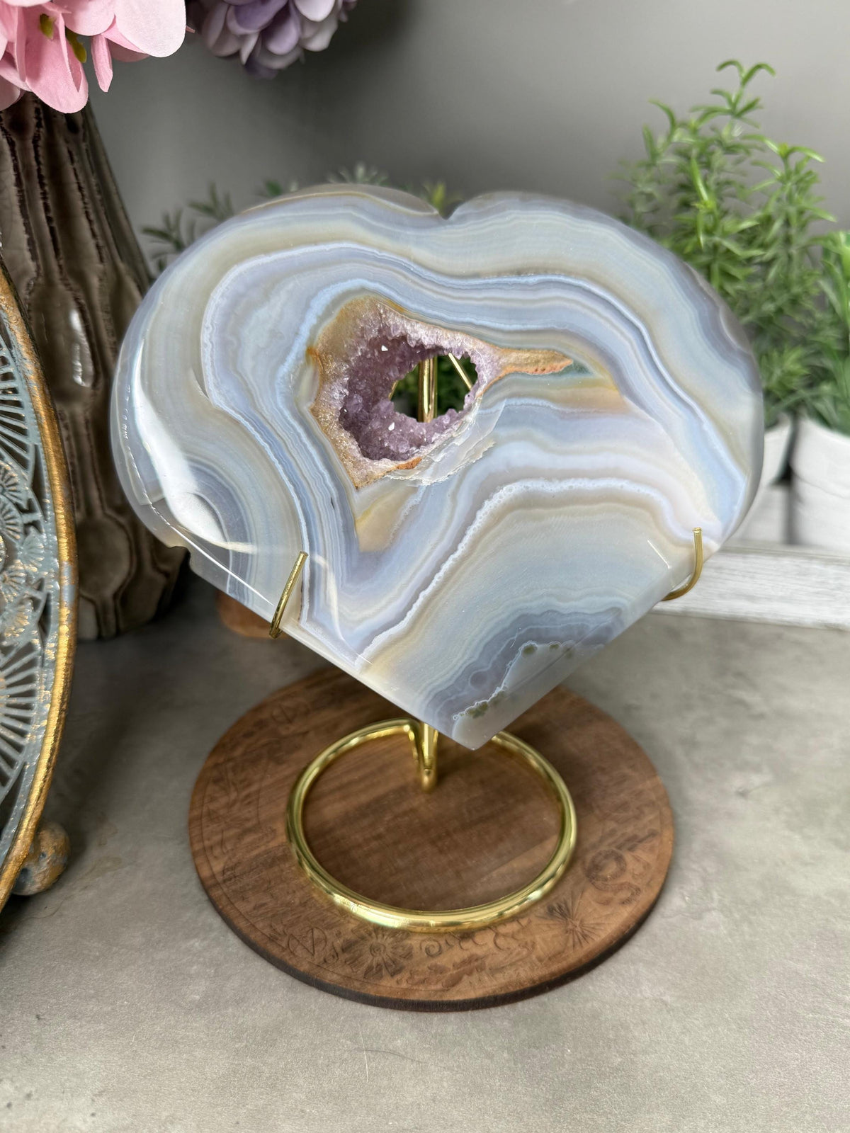 Large Banded Crystal Agate Heart with Druzy Amethyst Pocket