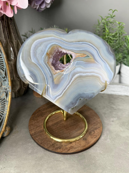 Large Banded Crystal Agate Heart with Druzy Amethyst Pocket