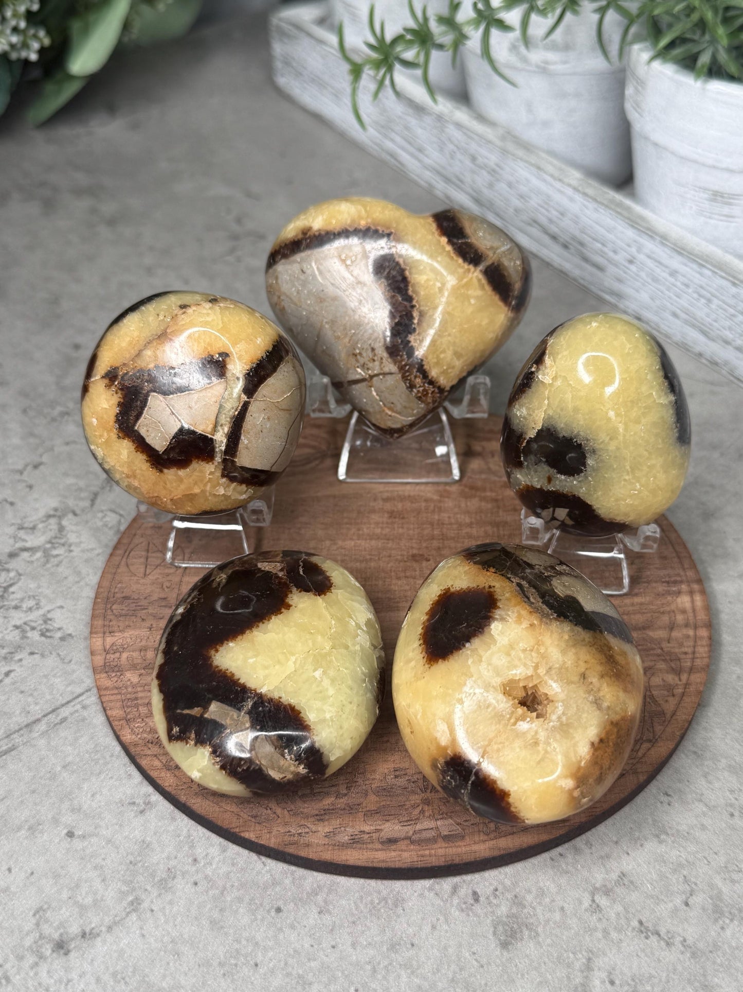 Septarian Dragon Stone Crystal Carving heart and Palmstones