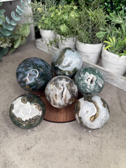 Druzy Moss Agate Crystal Spheres - multiple