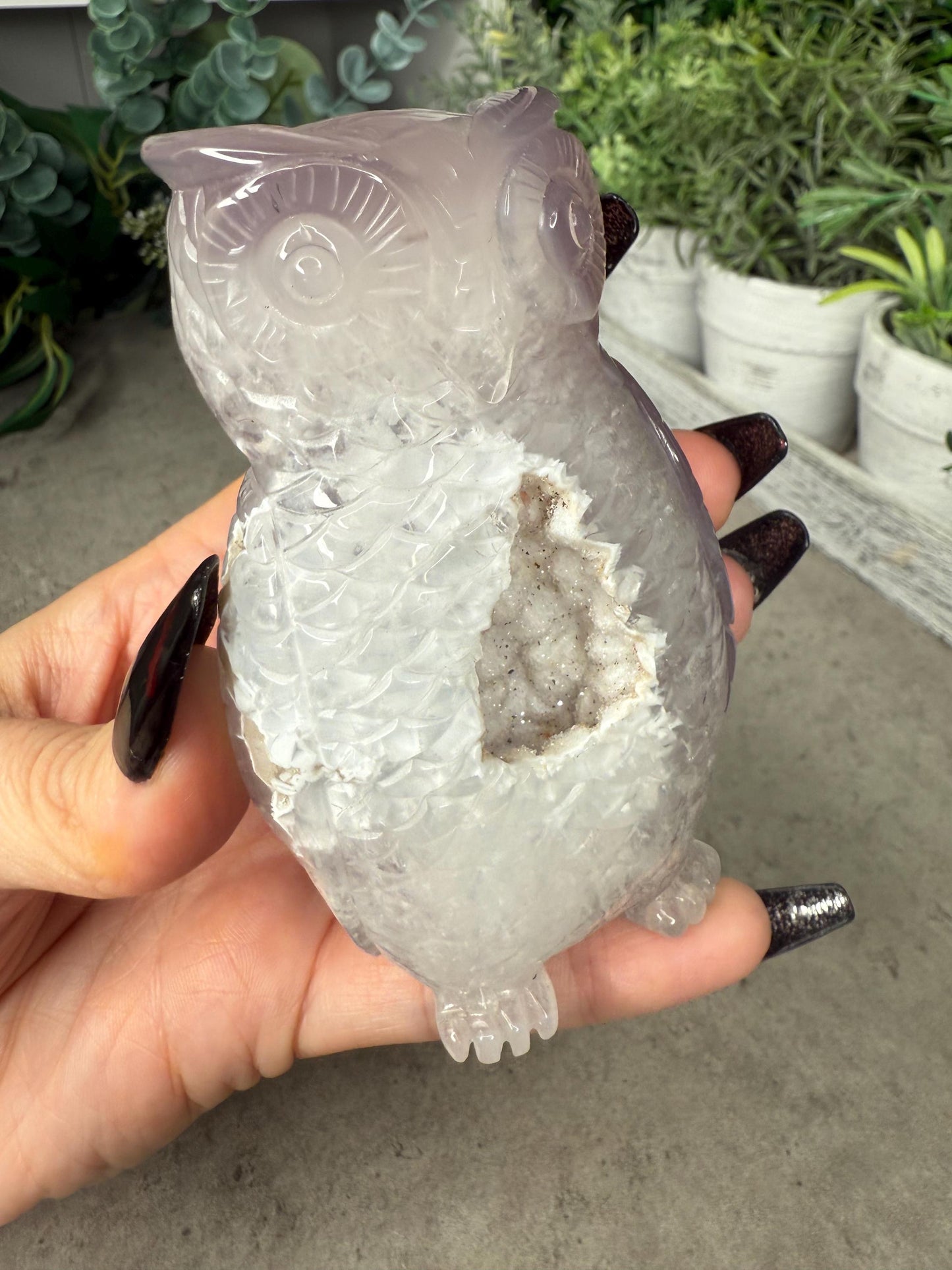 Hand-Carved Druzy Agate Owl Crystal Carving