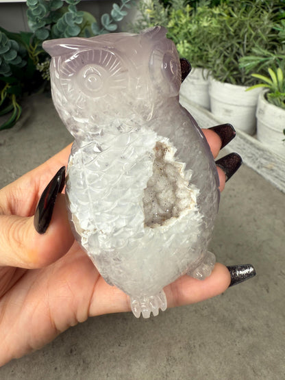 Hand-Carved Druzy Agate Owl Crystal Carving