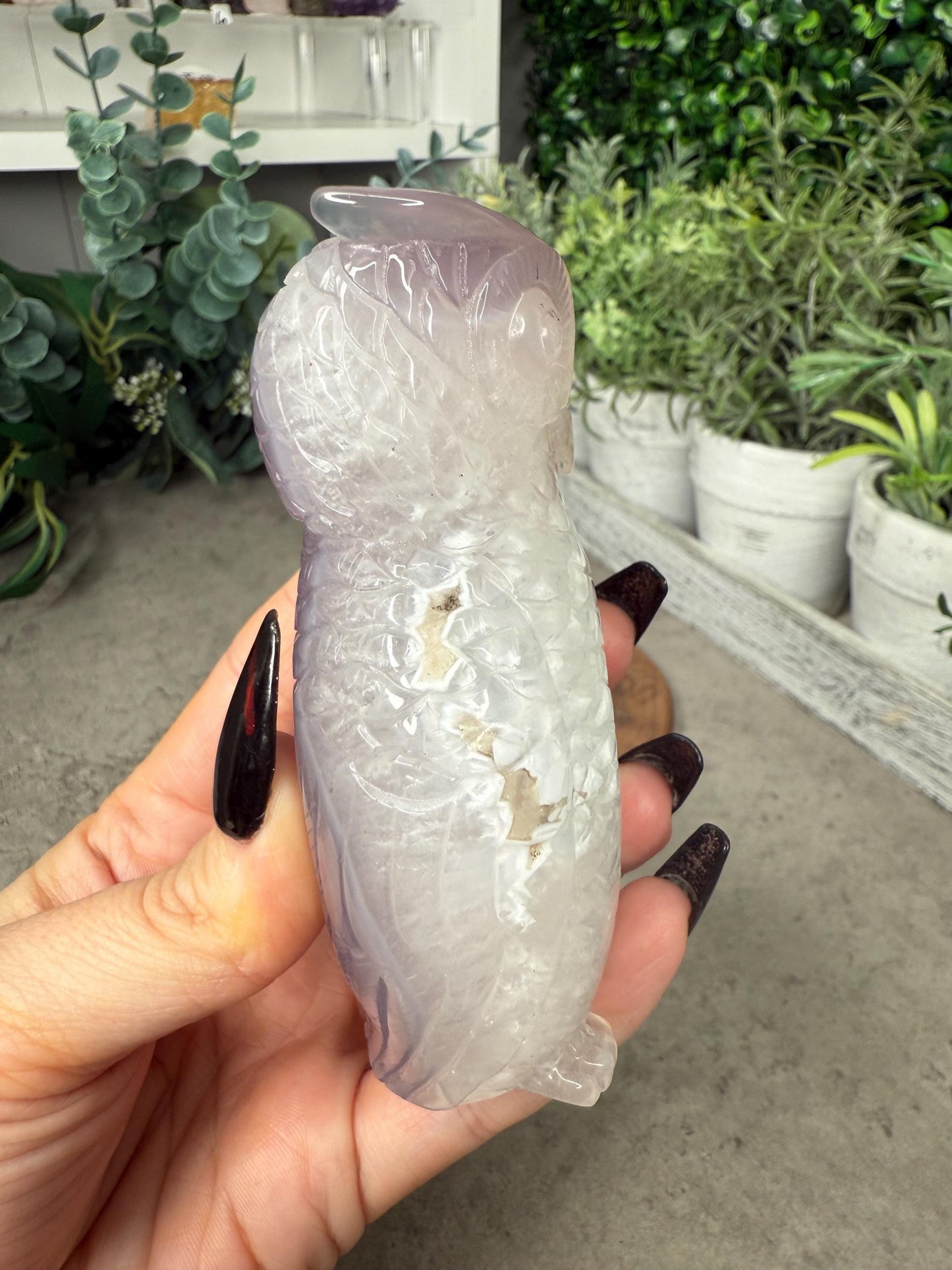 Hand-Carved Druzy Agate Owl Crystal Carving