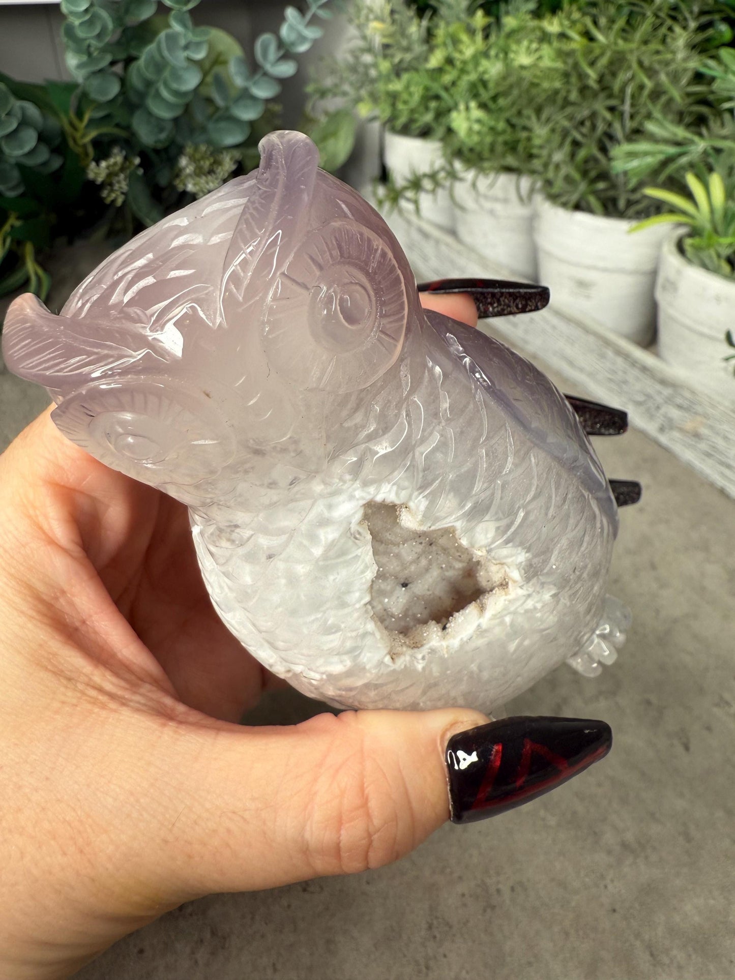 Hand-Carved Druzy Agate Owl Crystal Carving