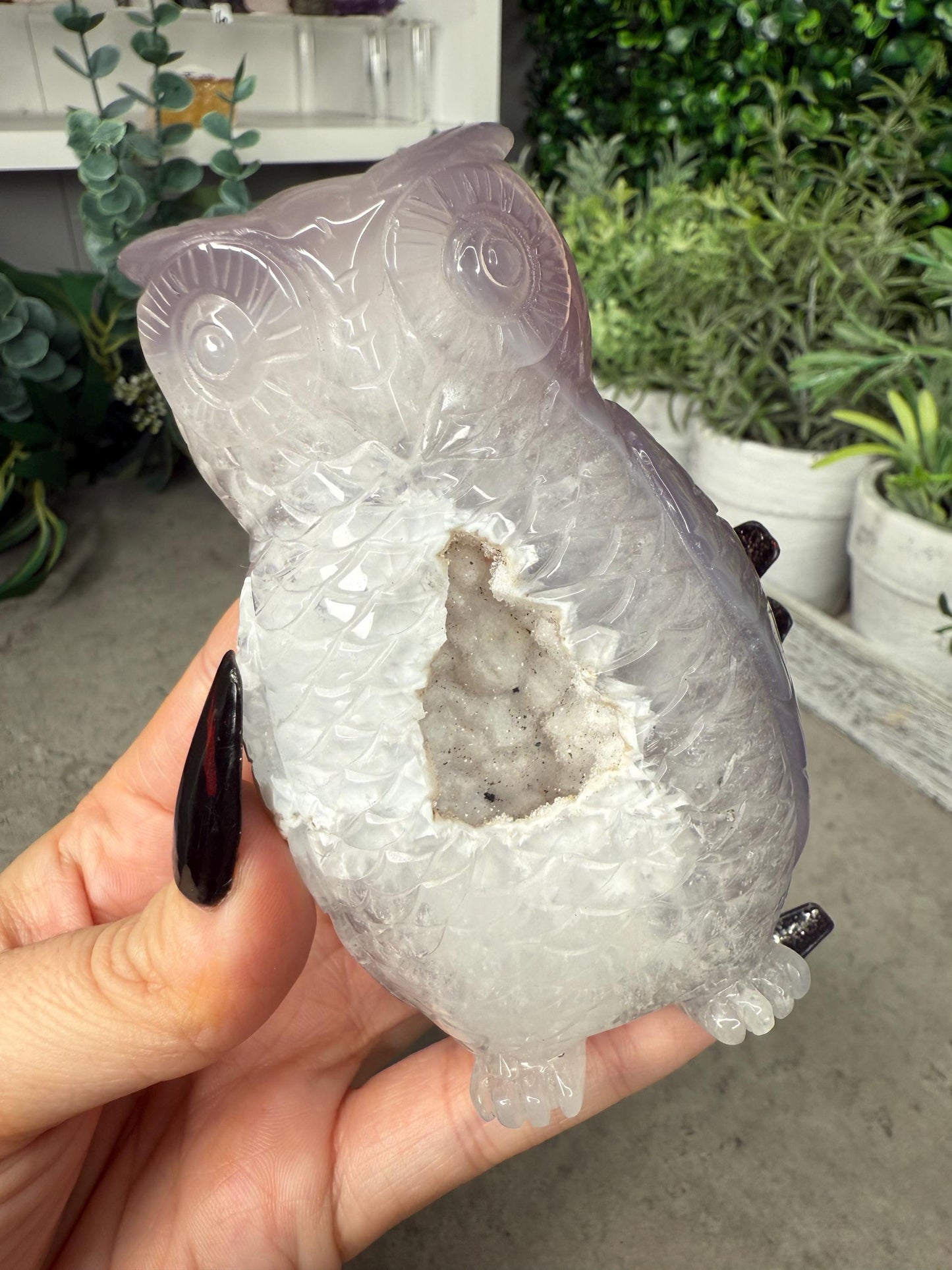Hand-Carved Druzy Agate Owl Crystal Carving