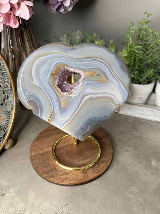 Large Banded Crystal Agate Heart with Druzy Amethyst Pocket