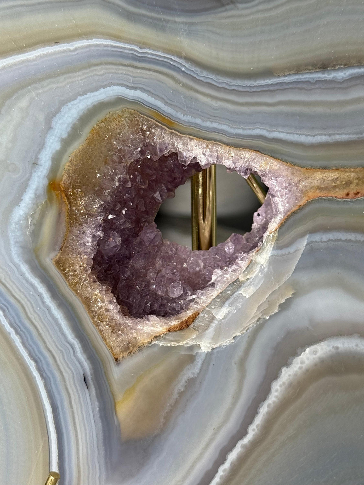 Large Banded Crystal Agate Heart with Druzy Amethyst Pocket