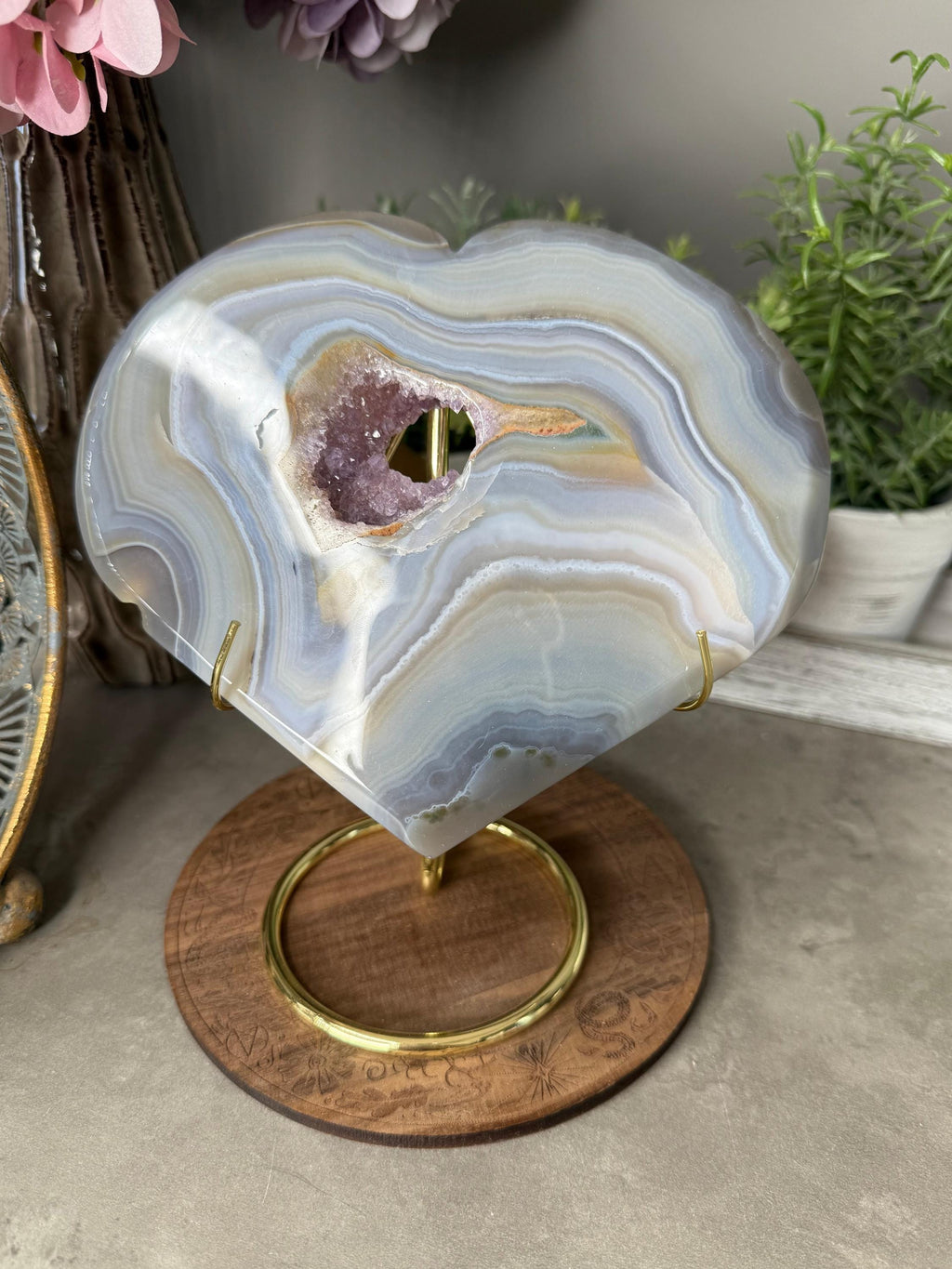 Large Banded Crystal Agate Heart with Druzy Amethyst Pocket